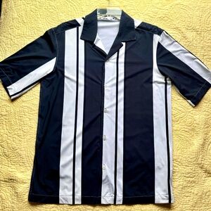 ZARA Man Navy Blue & White Vertical Striped Short Sleeve Shirt - Size M